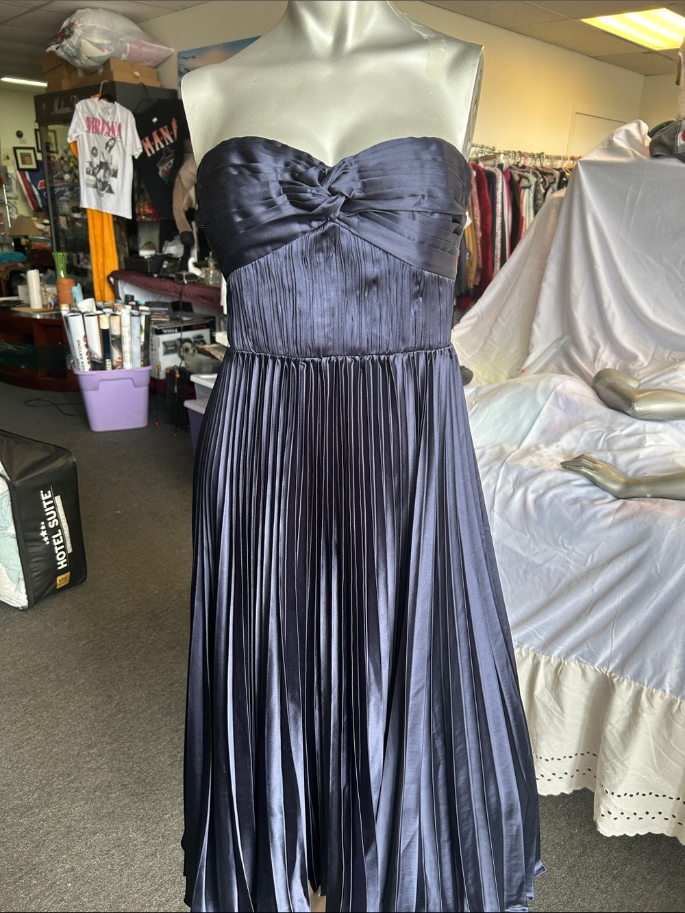 Astr Strapless Midnight Pleated Midi Dress